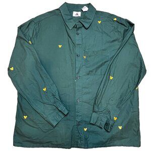 Disney Shirt Mens XXL Green Embroidered Yellow Mickey Mouse Casual Button Up